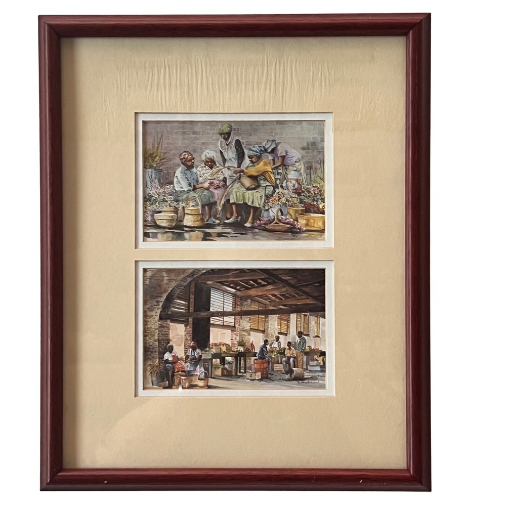 Ed Emerson Signed Watercolor Prints Framed Double Market Scene Floral Art